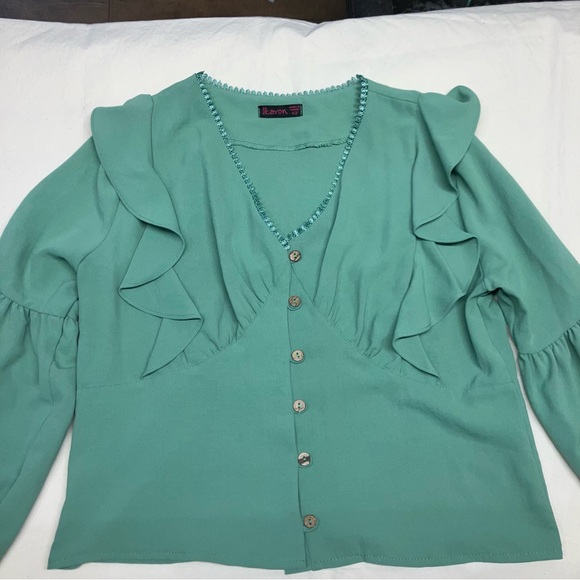 Unique Romantic Green Ruffle V-Neck Button Front Long Sleeve Top - 10 - Picture 3 of 7